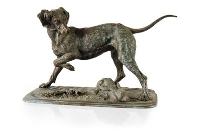 FERDINAND PAUTROT (1832 - 1874) 
Braque à l'arrêt sur un lièvre.
Bronze à patine...