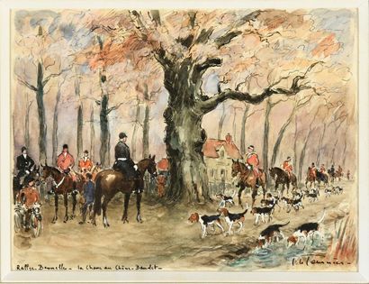 Joseph Marie Le TOURNIER (1892 - 1972) 
Rallye Bonnelles. La chasse au Chêne-Baudet.
Aquarelle...