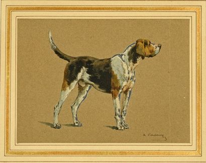 Charles Ferdinand de COMDAMY (1847 -1913) 
Deux chiens de chasse.
Paire d'aquarelles...
