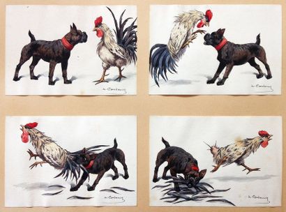 Charles Ferdinand de Condamy (1847-1913) 
Bull dog et coq
Suite de 4 gouaches dans...