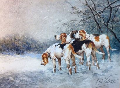 René VALETTE (1874-1956) 
Relais de chiens de meute dans la neige
Aquarelle gouachée,...