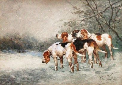 René VALETTE (1874-1956) 
Relais de chiens de meute dans la neige
Aquarelle gouachée,...