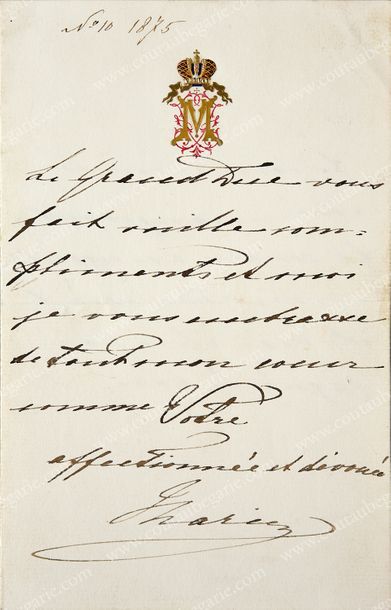 MARIA FEODOROVNA, impératrice de Russie (1847-1928) Lettre autographe signée: «Maria»,...