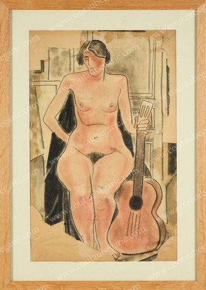 KOTLAREVSKY Paul (1883-1950) Portrait de Maroussia à la guitare.
Sanguine et fusain...