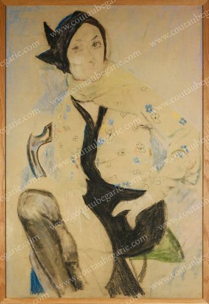 KOTLAREVSKY Paul (1883-1950) Portrait d'Olga au chemisier fleuri.
Gouache sur papier...