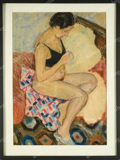 KOTLAREVSKY Paul (1883-1950) Portrait d'Olga Kotlarevsky assise sur son lit.
Gouache...