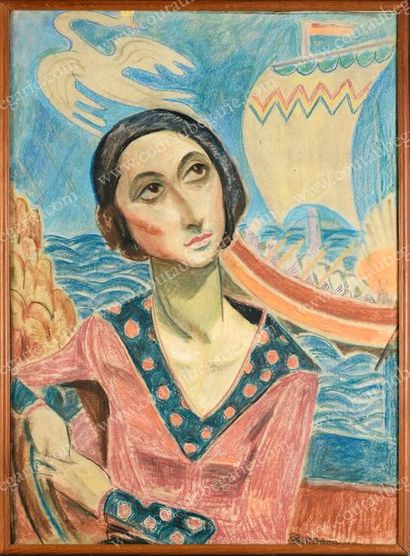 KOTLAREVSKY Paul (1883-1950) Portrait d'Olga Kotlarevsky sur fond marin.
Technique...