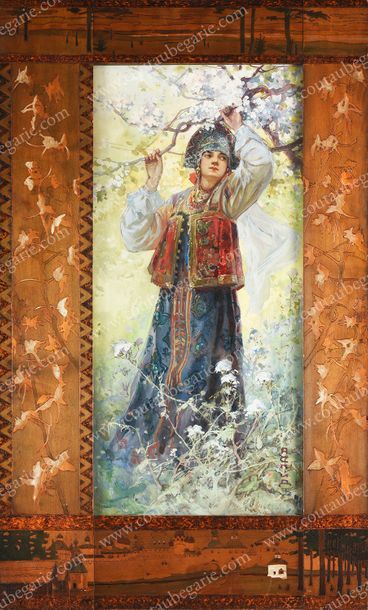 ASPID, Alexandre Petrovitch Apsit dit (1880-1944) Jeune femme russe en tenue traditionnelle.
Huile...