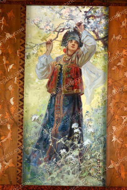 ASPID, Alexandre Petrovitch Apsit dit (1880-1944) Jeune femme russe en tenue traditionnelle.
Huile...