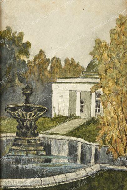 PRINCE GALITZINE, attribué à Vue d'une fontaine dans un parc.
Aquarelle et rehauts...