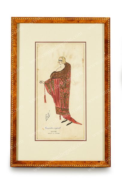 ERTÉ - ROMAIN DE TIRTOFF (1892-1990) Elégante avec sa cape bordée de fourrure.
Aquarelle...