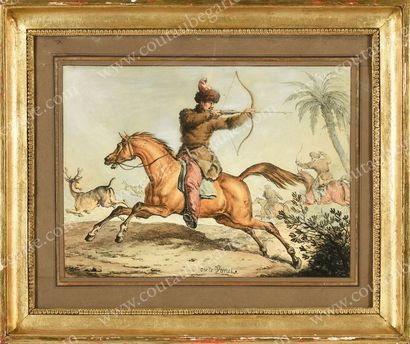VERNET Carle (1758-1836) Soldat Kamoulk chassant le cerf.
Gravure aquarellée sur...