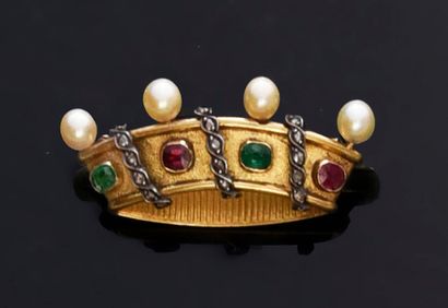 null Broche en or 750e, représentant une couronne de baron ornée de rubis et d'émeraudes,...