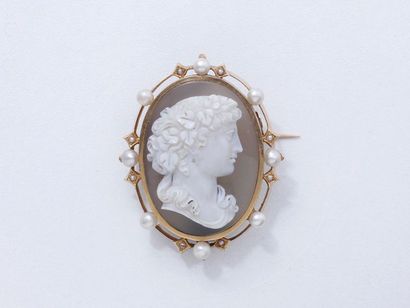 null Broche pendentif en or 750 millièmes, ornée d'un camée agate 2 couches sculpté...