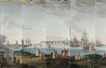 null Le Port de saint Malo, décor en papier peint à la main, XIXe siècle, décor gouaché...