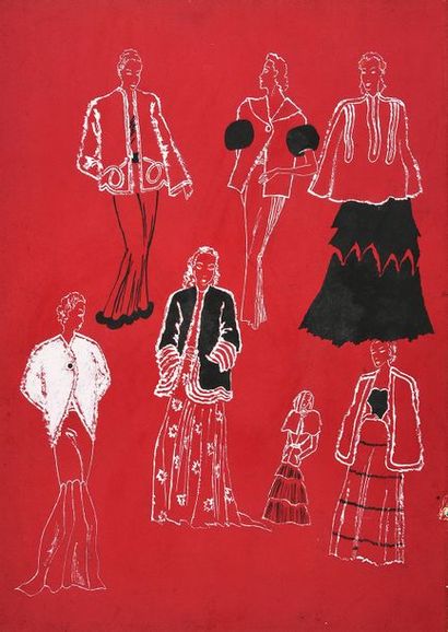 LÉON BENIGNI, (1892-1948) Trois planches de modèles de grands couturiers, maquettes...