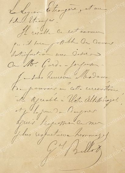 BILLOT Jean-Baptiste (1828-1907), ministre de la Guerre. 
Lettre autographe signée:...