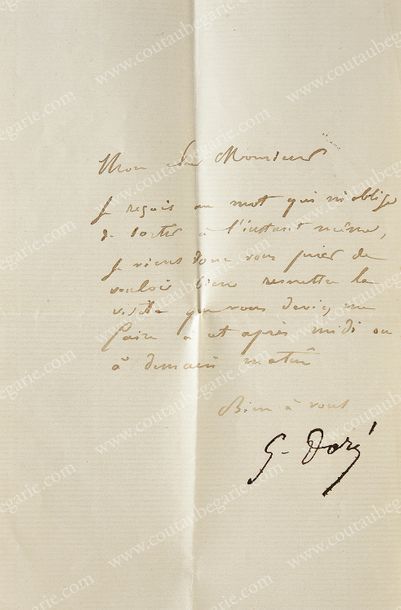 GUSTAVE DORÉ (1832-1883), illustrateur et graveur. Lettre signée «G. Doré» sans date,...