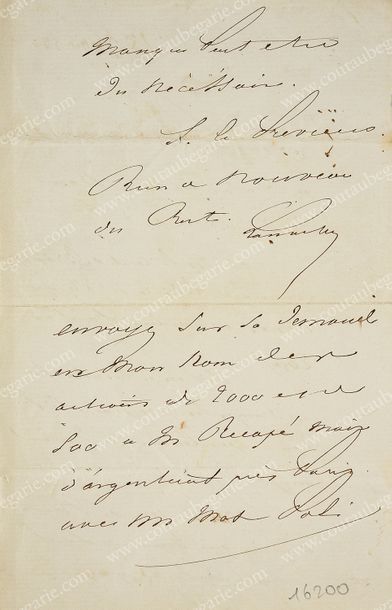 LAMARTINE, Alphonse de (1790-1896). Lettre autographe signée: «Lamartine», datée...