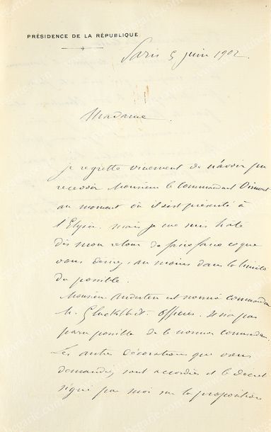 LOUBET Emile (1838-1929) Président de la République française.
Lettre autographe...