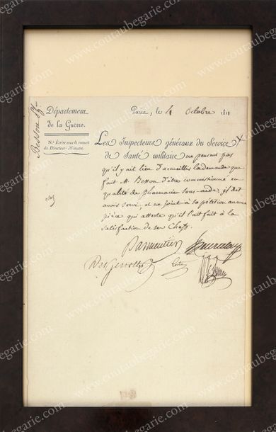 PARMENTIER Antoine (1737-1813). Lettre manuscrite en partie imprimée signée «Parmentier»,...