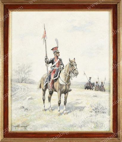 EUGÈNE CHAPERON (1857-1938). Lancier de la Garde inspectant les alentours.
Huile...