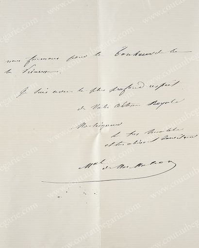 null ROBERT prince d'Orléans, duc de Chartres (1840-1910).
Lettre autographe signée...