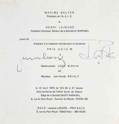 null GAINSBOURG, SERGE 1 carton d'invitation signé par Serge Gainsbourg et Jane Birkin....