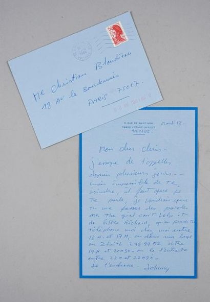 null HALLYDAY JOHNNY (1943/2017) : 1 lettre manuscrite originale + son enveloppe...