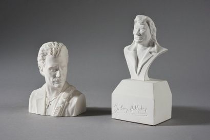 null HALLYDAY, JOHNNY 2 bustes en plâtre de Johnny Hallyday, hauteur 15 cm. Commercialisé...