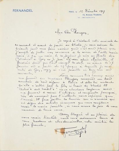 null FERNANDEL (1903-1971)
Chanteur et acteur 1 lettre manuscrite de Fernandel, datée...