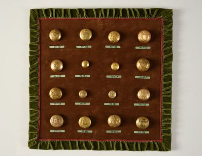 null Planche de 16 boutons de livrées dorés dont:
Beauverand de La Loyère, Bartholoni,...