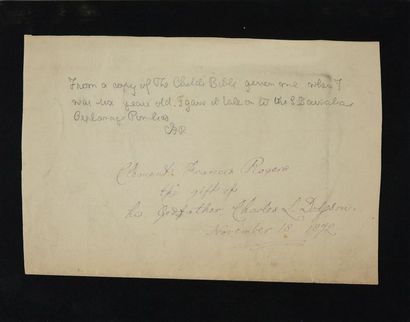 CARROLL, Lewis (1832-1898) 
Autographe tiré d'un album dédicacé à son filleul, Francis...
