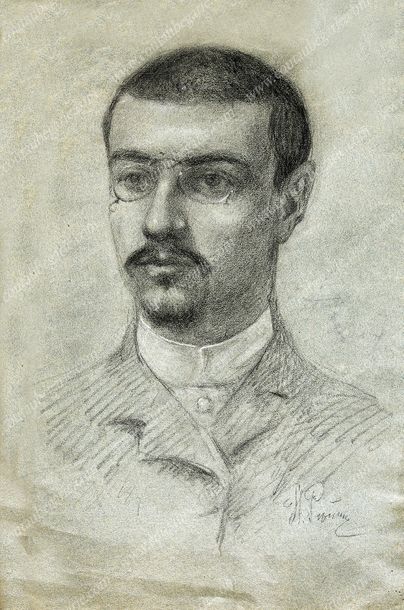 RÉPINE Ilia Efimovitch (1844-1930). Portrait d'un jeune homme en buste.
Fusain et...
