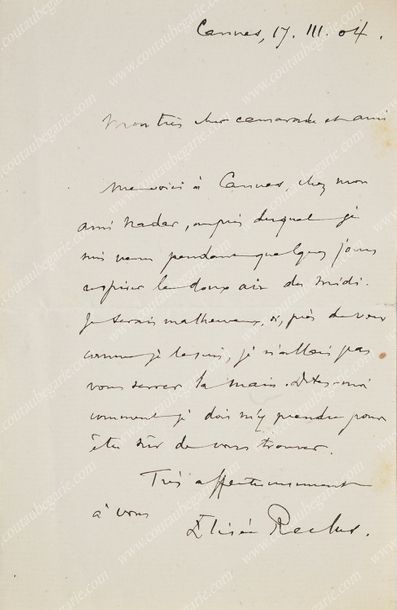 RECLUS Élisée (1830-1905). Lettre autographe signée «Élisée Reclus», Canne, 17 mars...