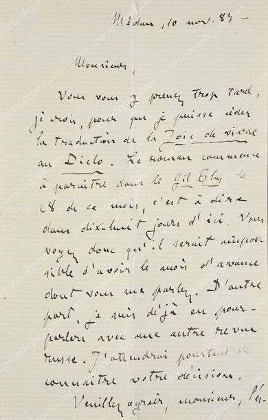 ZOLA Émile (1840-1902). Lettre autographe signée «Émile Zola», Médan, 10 novembre...
