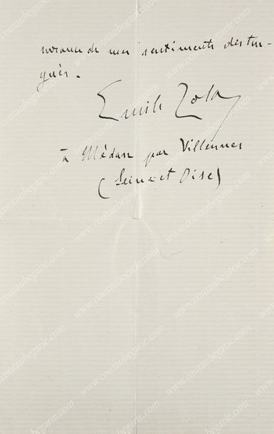 ZOLA Émile (1840-1902). Lettre autographe signée «Émile Zola», Médan, 10 novembre...