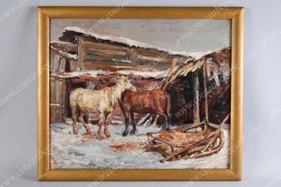 MAKO Serge Alexandrovitch (1885-1953). Chevaux et troïka à l'écurie.
Huile sur panneau...