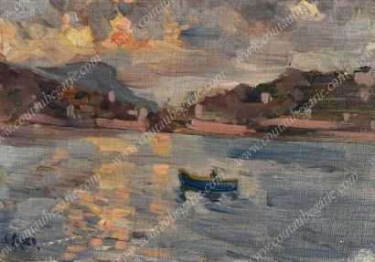MAKO Serge Alexandrovitch (1885-1953). Paysage à la barque au soleil couchant.
Huile...