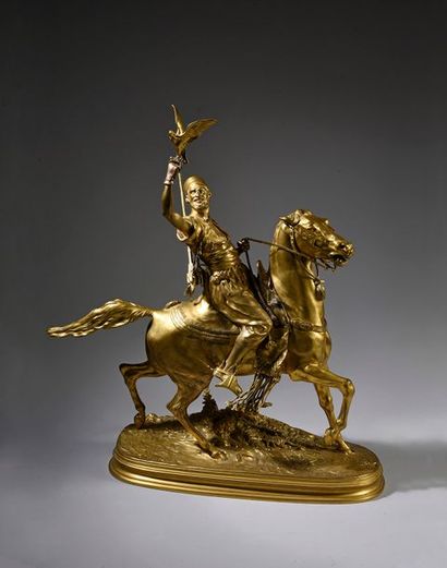 Pierre Jules MENE (1810 - 1879) D'après Le Fauconnier arabe.
Bronze à patine doré,...