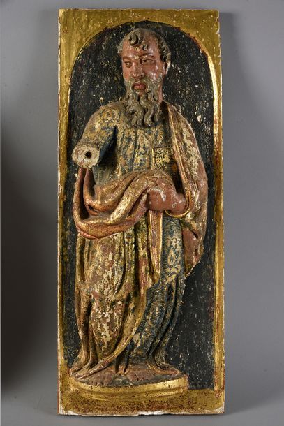 null Deux Evangélistes.
Paire de panneaux de retable en bois résineux sculpté, polychrome...