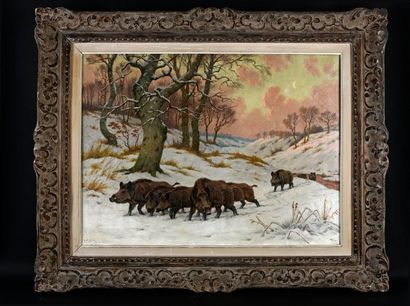 Georges Frédéric ROTIG (1873 - 1961) Sangliers dans la neige.
Huile sur toile signée...