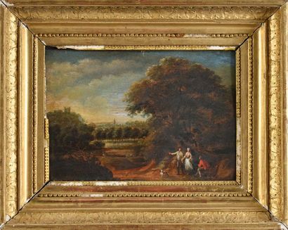 Ecole Flamande du XVIIIe siècle Paysage animé.
Huile sur panneau de chêne.
23 x 33...