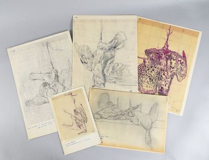 Henri de LINARES Suite de 5 dessins préparatoires dont un pour un foulard HERMES,...