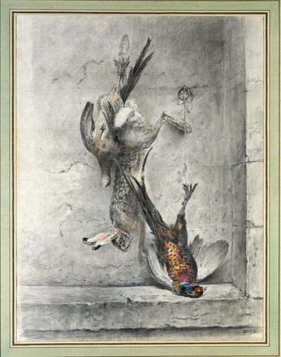 XAVIER DE PORET (1894 - 1975) Nature morte au lièvre, au faisan et à la poule faisane.
Crayon...