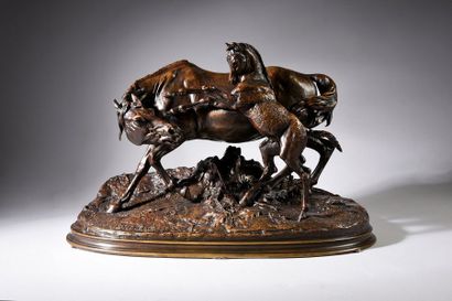 Pierre Jules MENE (1810 - 1879) D'après Jument et son poulain.
Bronze à patine médaille....