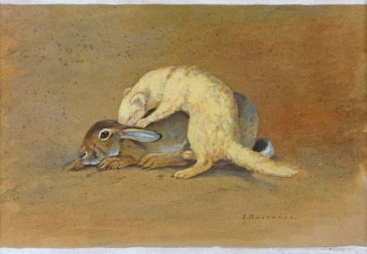 Paul MARCUEYZ (1877-1952) Le lapin et l'hermine.
Aquarelle, encre et rehauts de gouache,...