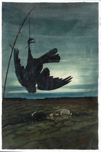Paul MARCUEYZ (1877-1952) Le lapin et l'oiseau.
Aquarelle, encre de Chine et rehauts...