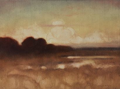 Paul MARCUEYZ (1877-1952) Paysage au marais.
Aquarelle, rehauts d'encre, signée en...