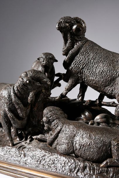 JULES MOIGNEZ (1835 - 1894) Troupeau de moutons Mérinos.
Important groupe en bronze...
